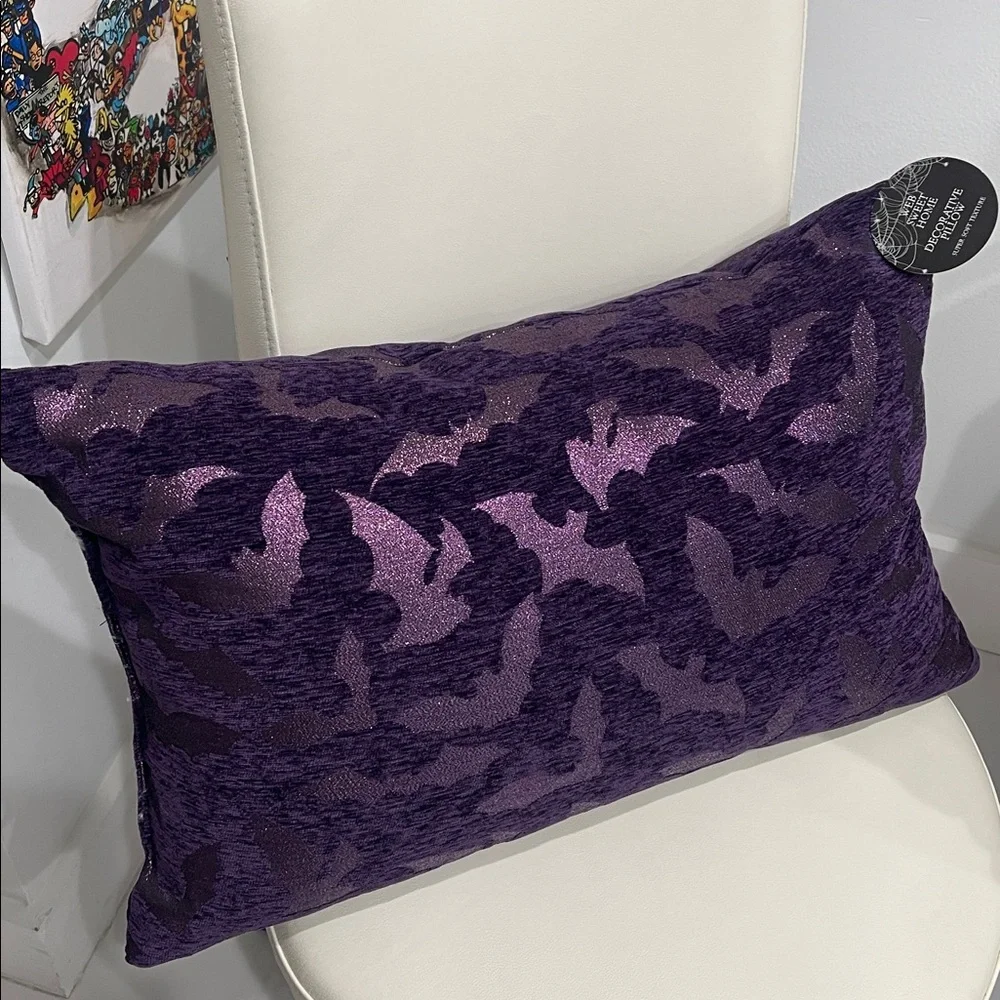 Web Sweet Home Halloween Purple Bat Design Throw Pillow